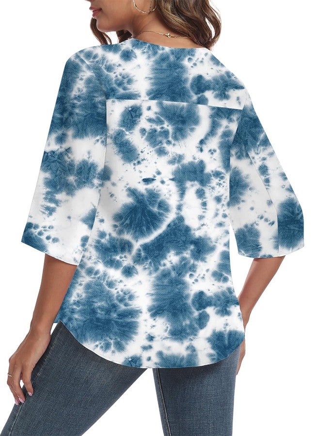 LAOLASI Womens Blouses Dressy Casual Chiffon Tops and Blouses V-Neck 3/4 Sleeve Blouse Tops Shirts for Work,Blue Tie dye,S - Image 2